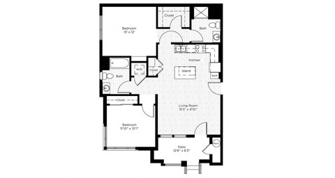 Floor plan for 2 beds, 2 baths, 984 sqft